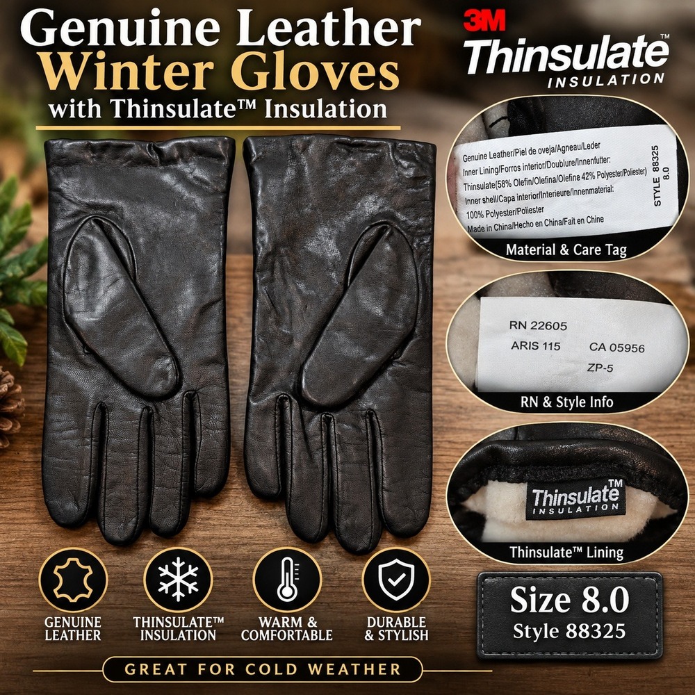 Aris Isotoner Black Genuine Leather Winter Gloves 3M Thinsulate 88325 Size 8.0